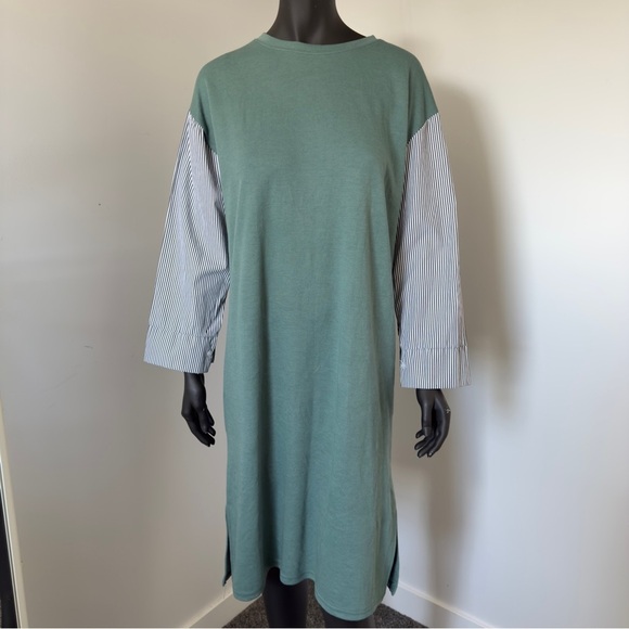 ⚪️ Nothing Better Green Shift Dress with Striped Button Cuffs Made in Korea | L - Picture 1 of 6